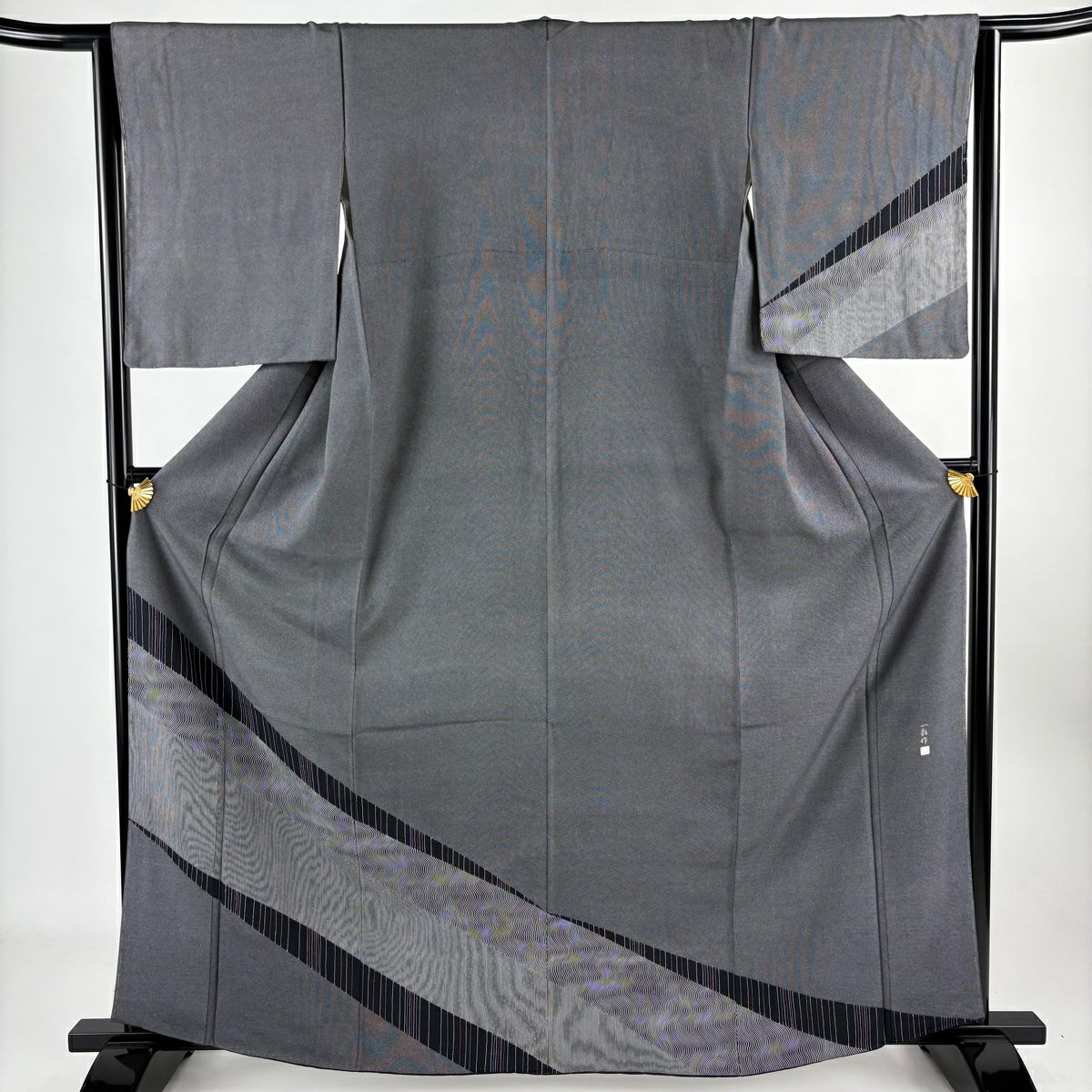付下 身長163.5cm 袖長63.5cm S 雙層 落款有 竹子條紋 亂條紋 黑灰 純蠶絲 名品級