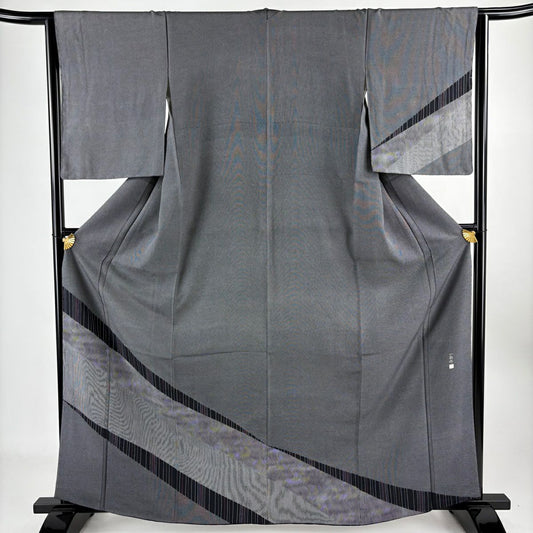 付下 身長163.5cm 袖長63.5cm S 雙層 落款有 竹子條紋 亂條紋 黑灰 純蠶絲 名品級