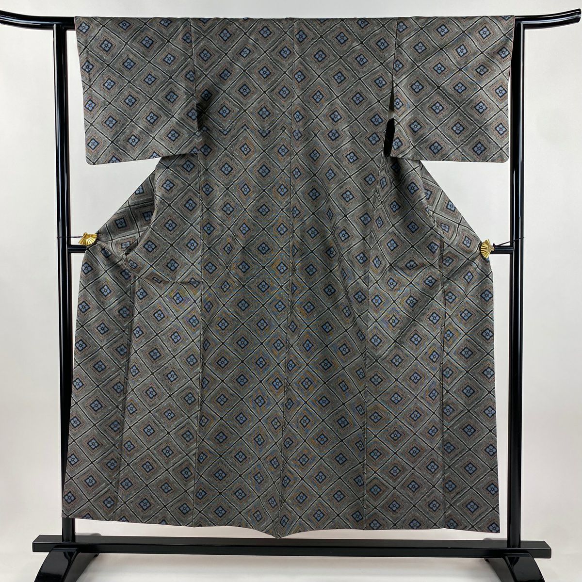 紬織 身長154.5cm 袖長62.5cm S 雙層 套裝 花菱 斜格 灰 純蠶絲 名品級