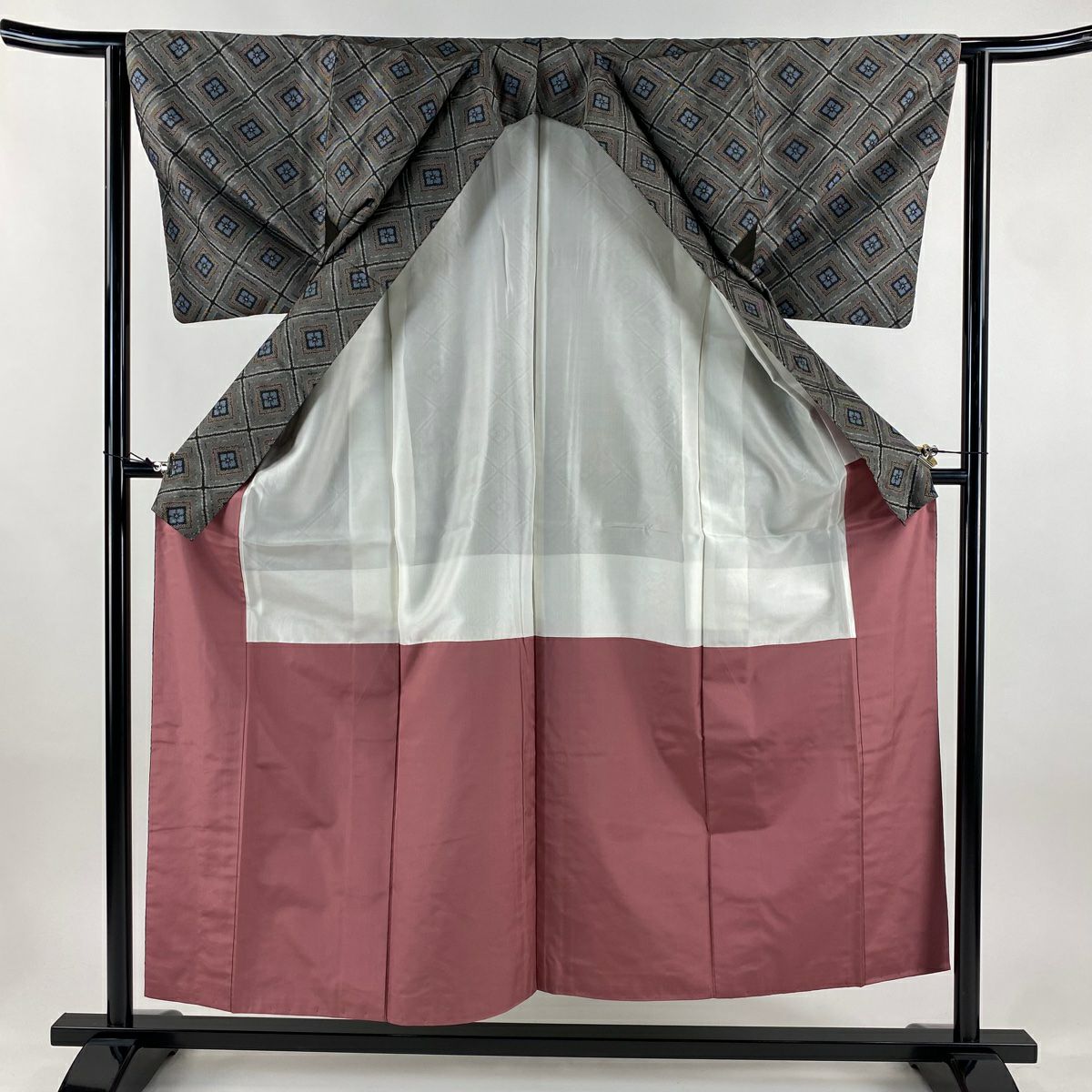 紬織 身長154.5cm 袖長62.5cm S 雙層 套裝 花菱 斜格 灰 純蠶絲 名品級