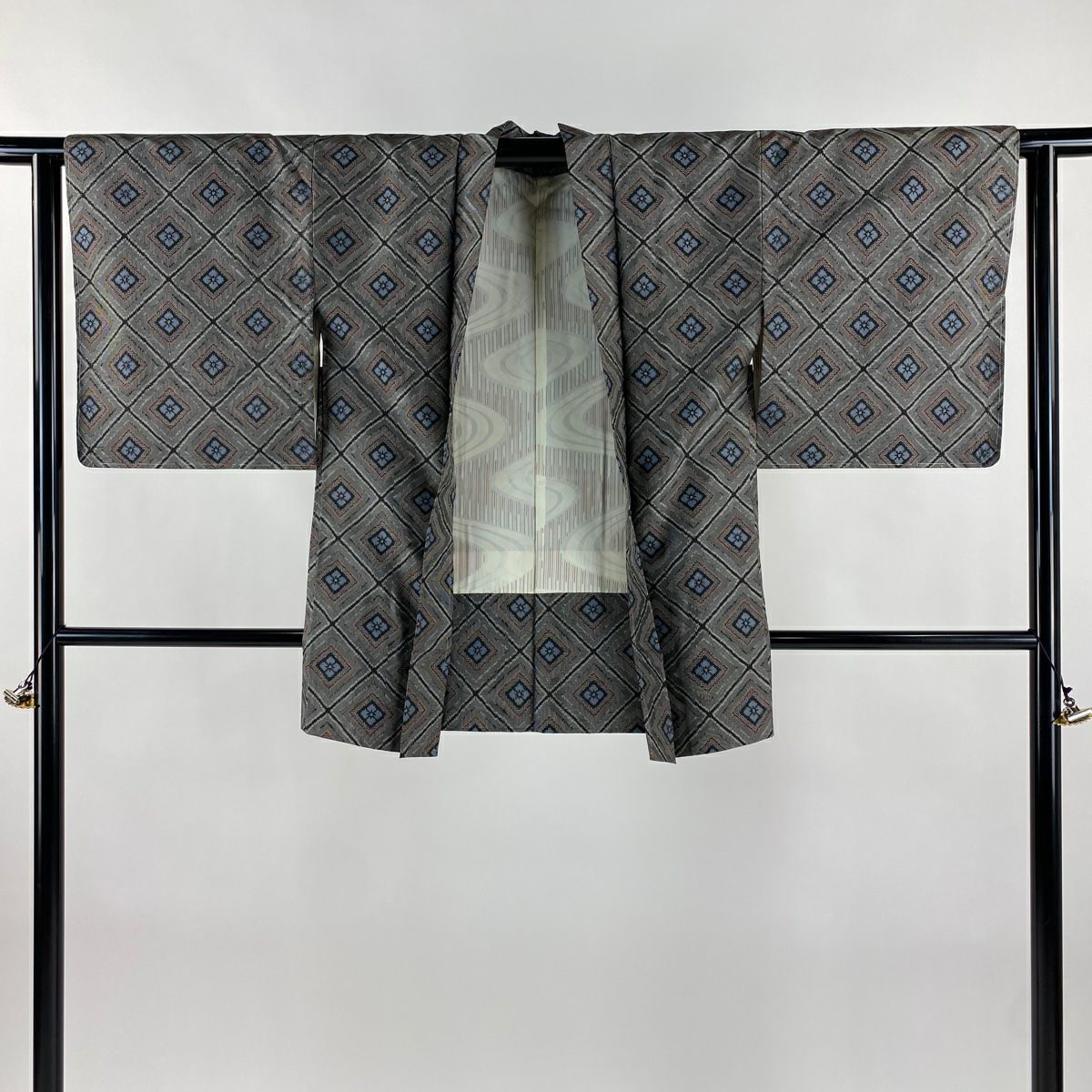 紬織 身長154.5cm 袖長62.5cm S 雙層 套裝 花菱 斜格 灰 純蠶絲 名品級