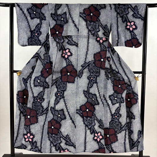 【美品】 浴衣 身長152.5cm 袖長64cm M 絞染浴衣 草花紋紋 深藍 純棉 名品級