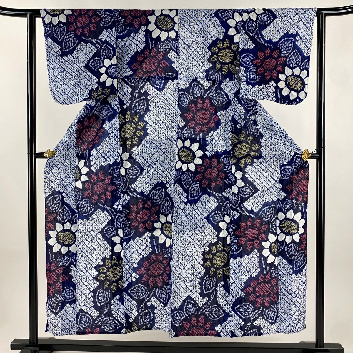 【美品】 浴衣 身長154cm 袖長62.5cm S 絞染浴衣 草花紋紋 深藍 純棉 名品級
