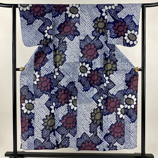 【美品】 浴衣 身長154cm 袖長62.5cm S 絞染浴衣 草花紋紋 深藍 純棉 名品級