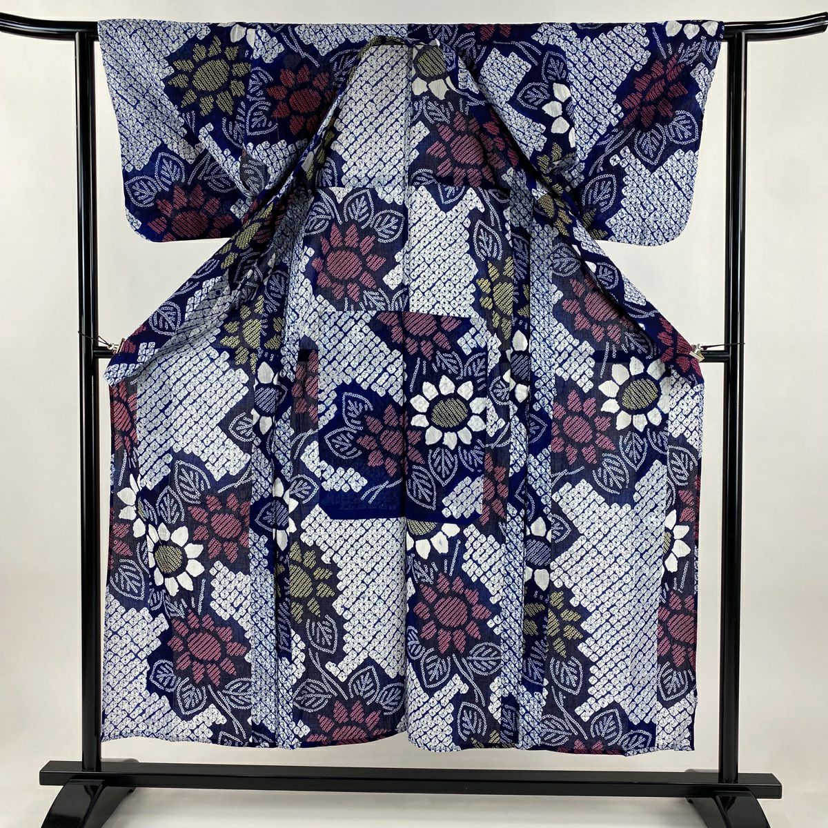 【美品】 浴衣 身長154cm 袖長62.5cm S 絞染浴衣 草花紋紋 深藍 純棉 名品級