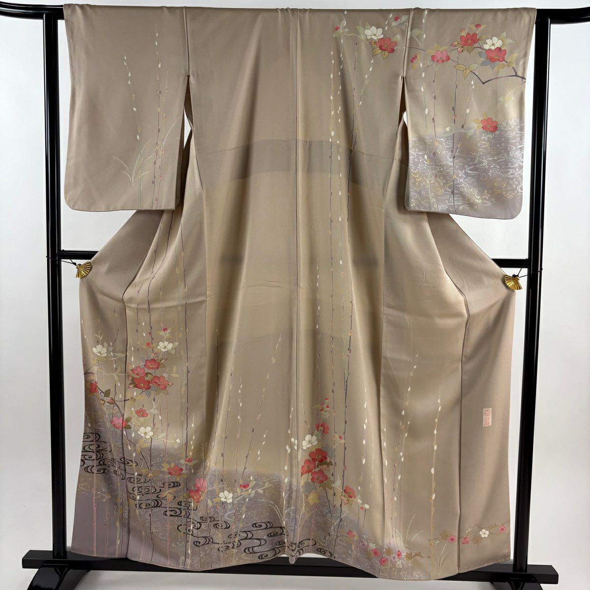 訪問服 身長158.5cm 袖長63cm S 雙層 百貫達雄 落款あり 椿 観世水 金銀彩 薄茶 純蠶絲 名品級