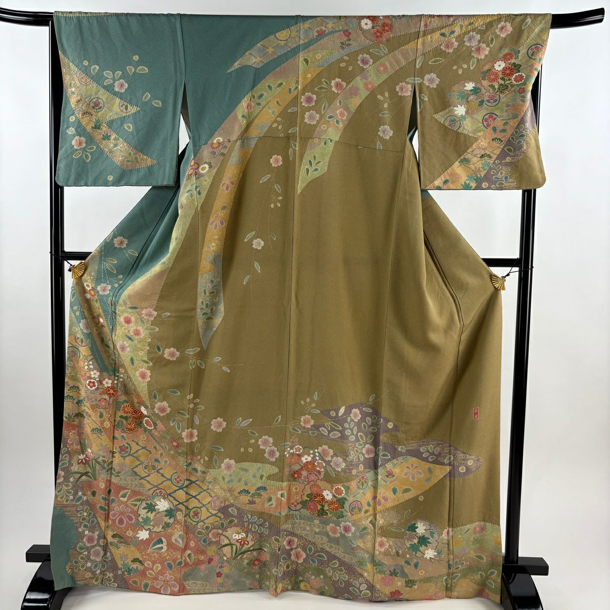 訪問服 身長169.5cm 袖長67.5cm L 雙層 落款あり 雪輪 草花紋 金銀彩 金絲 灰綠 純蠶絲 名品級