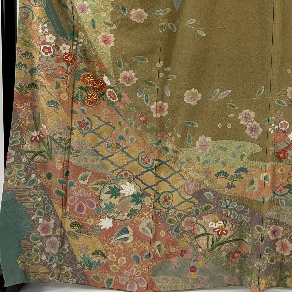 訪問服 身長169.5cm 袖長67.5cm L 雙層 落款あり 雪輪 草花紋 金銀彩 金絲 灰綠 純蠶絲 名品級