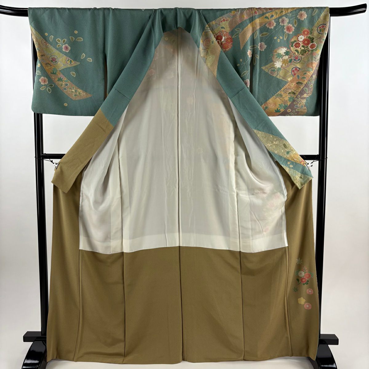 訪問服 身長169.5cm 袖長67.5cm L 雙層 落款あり 雪輪 草花紋 金銀彩 金絲 灰綠 純蠶絲 名品級