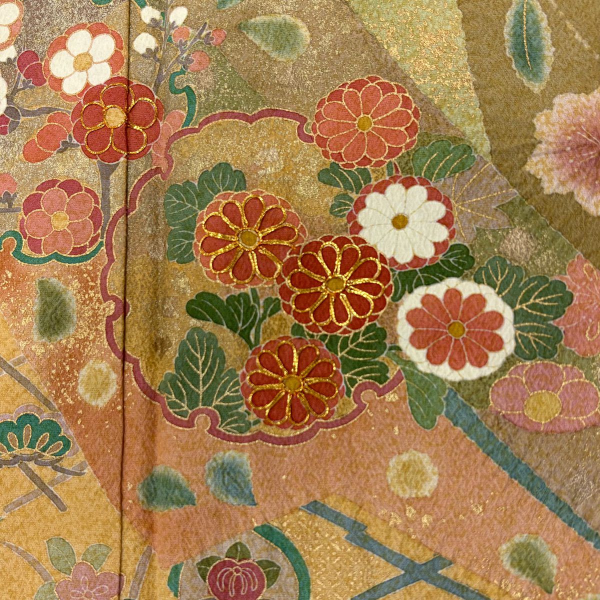 訪問服 身長169.5cm 袖長67.5cm L 雙層 落款あり 雪輪 草花紋 金銀彩 金絲 灰綠 純蠶絲 名品級