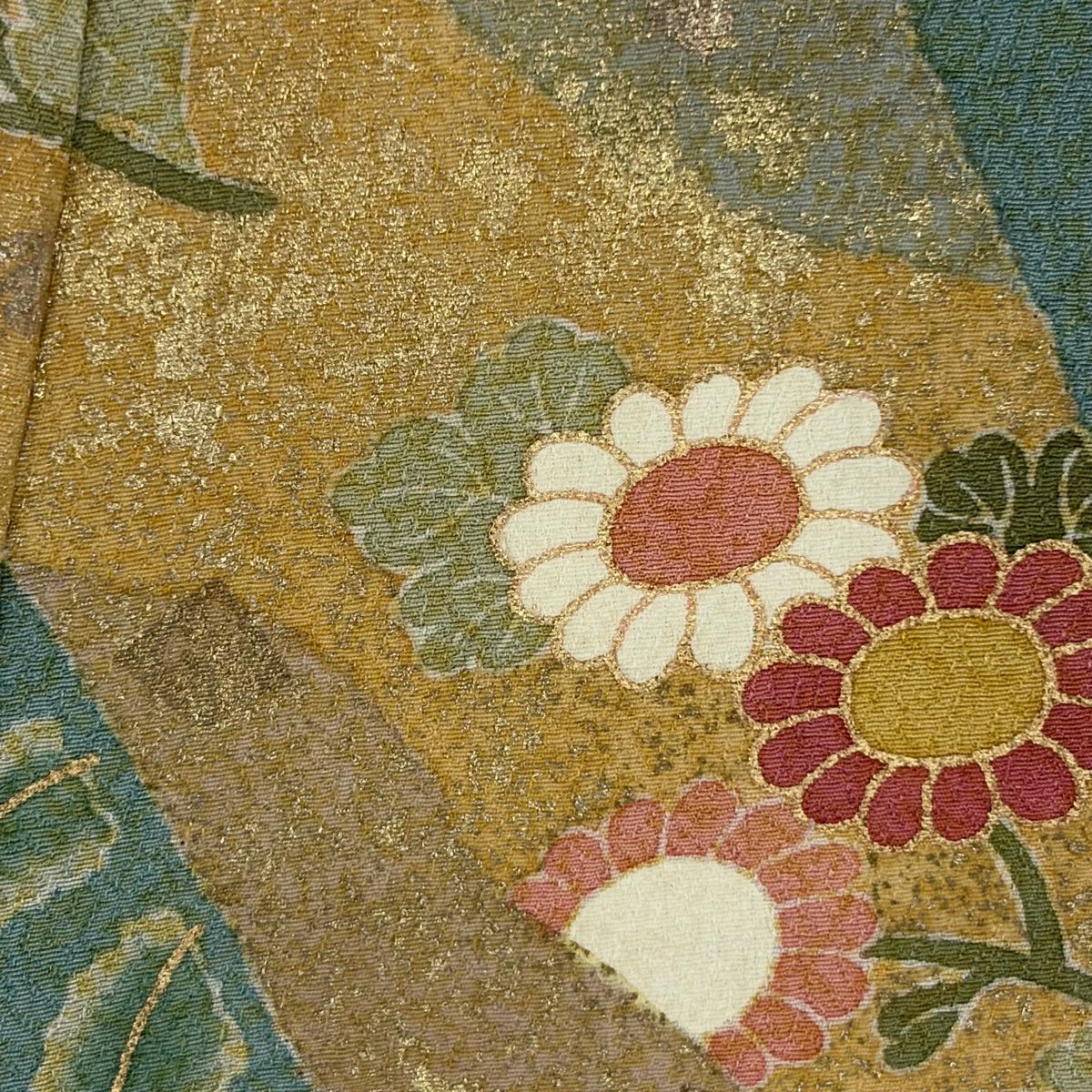 訪問服 身長169.5cm 袖長67.5cm L 雙層 落款あり 雪輪 草花紋 金銀彩 金絲 灰綠 純蠶絲 名品級