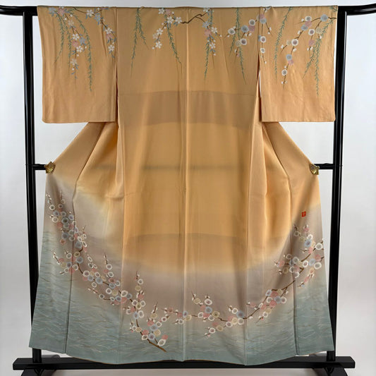 訪問服 身長157cm 袖長62.5cm S 雙層 花井幸子 落款あり 梅花 松樹葉 金糸 金銀彩 淺橙色 純蠶絲 名品級