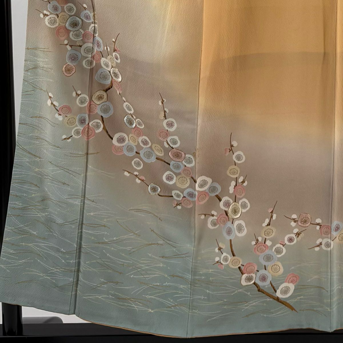 訪問服 身長157cm 袖長62.5cm S 雙層 花井幸子 落款あり 梅花 松樹葉 金糸 金銀彩 淺橙色 純蠶絲 名品級