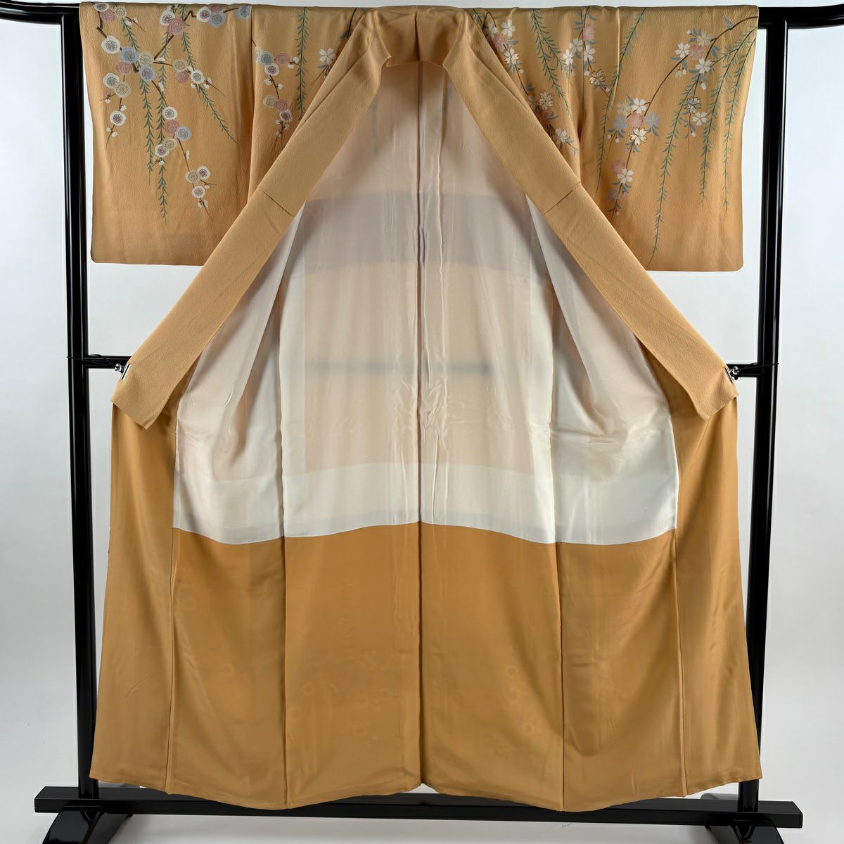 訪問服 身長157cm 袖長62.5cm S 雙層 花井幸子 落款あり 梅花 松樹葉 金糸 金銀彩 淺橙色 純蠶絲 名品級
