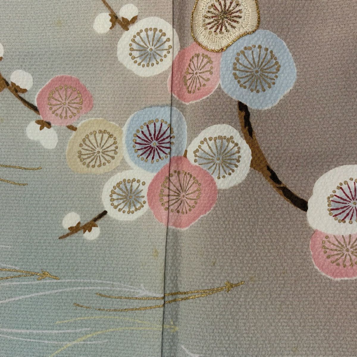 訪問服 身長157cm 袖長62.5cm S 雙層 花井幸子 落款あり 梅花 松樹葉 金糸 金銀彩 淺橙色 純蠶絲 名品級