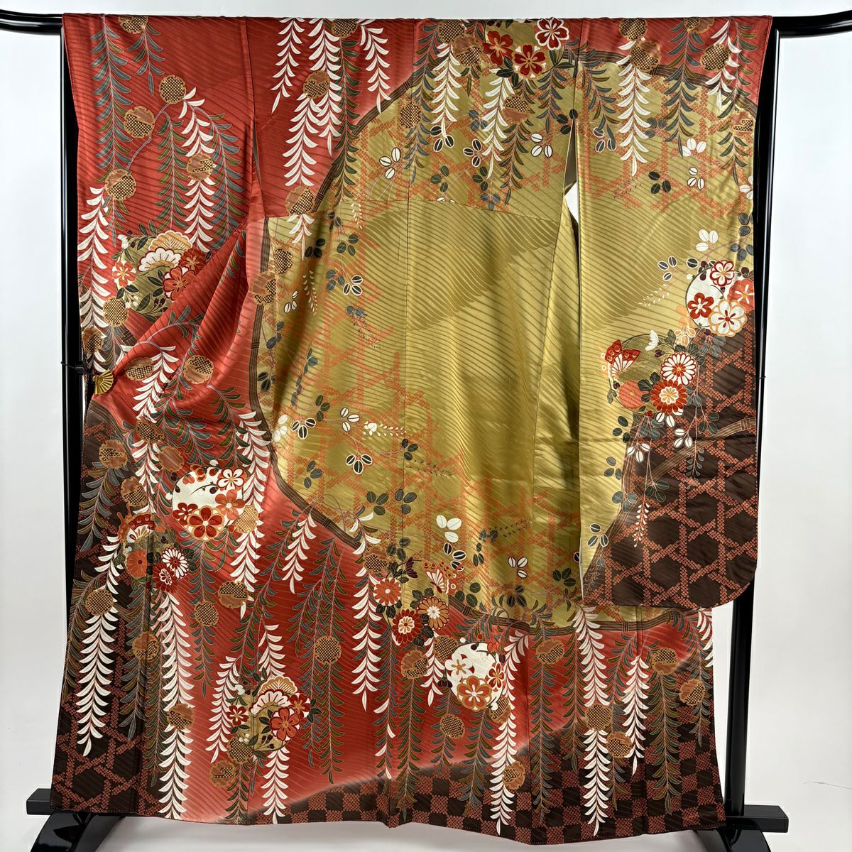 振袖禮服 身長161.5cm 袖長67cm M 雙層 花丸紋 蝴蝶 金銀彩 染分 茜 純蠶絲 名品級