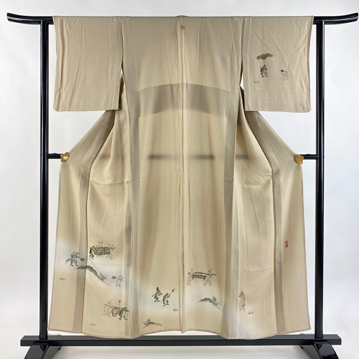付下 身長153cm 袖長61.5cm S 單層 有落款 鳥獸戲畫 漸層 米色 純蠶絲 名品級 一個紋