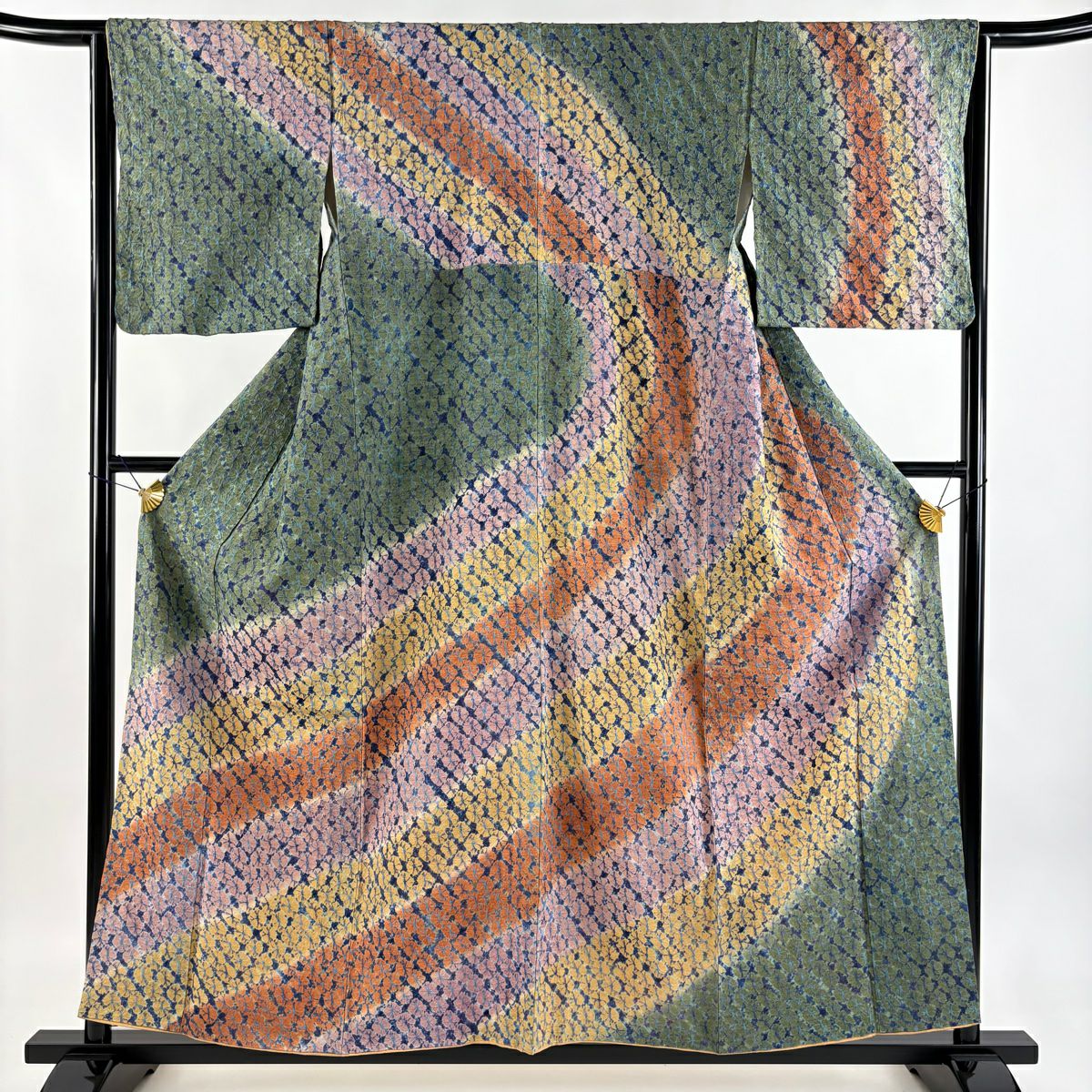 【美品】訪問服 身長157cm 袖長64cm M 雙層 紬織織 幾何學 絞染 灰綠 純蠶絲 逸品級