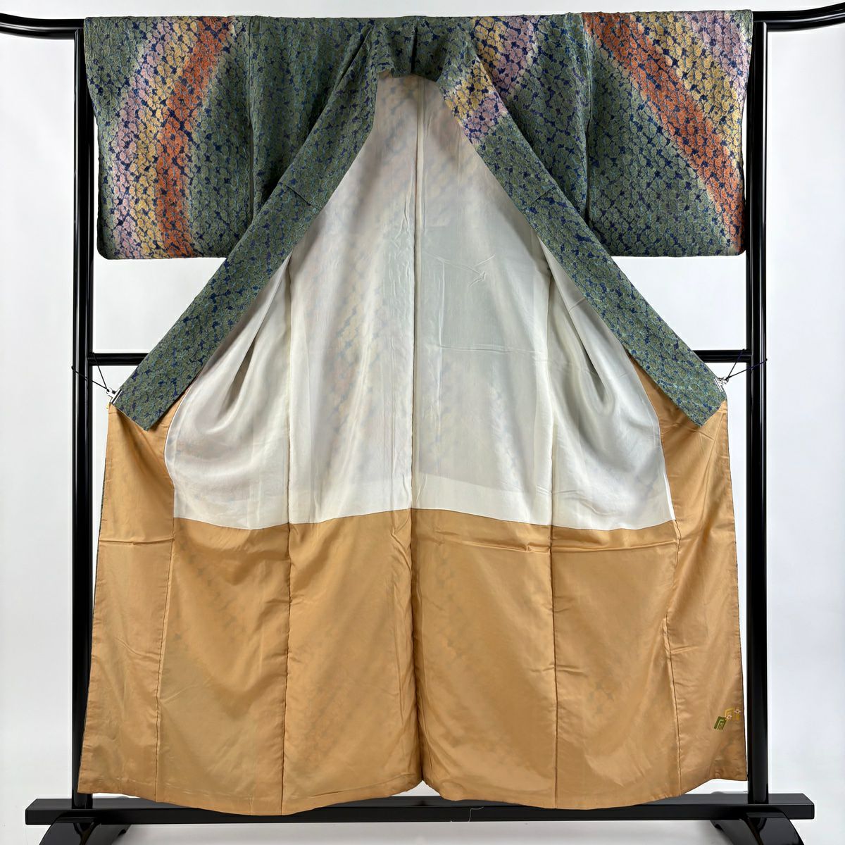 【美品】訪問服 身長157cm 袖長64cm M 雙層 紬織織 幾何學 絞染 灰綠 純蠶絲 逸品級