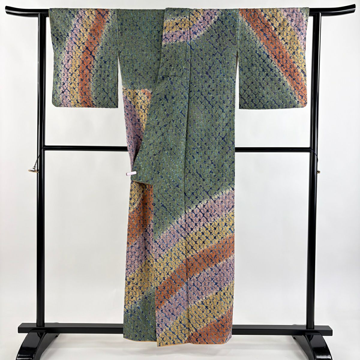 【美品】訪問服 身長157cm 袖長64cm M 雙層 紬織織 幾何學 絞染 灰綠 純蠶絲 逸品級