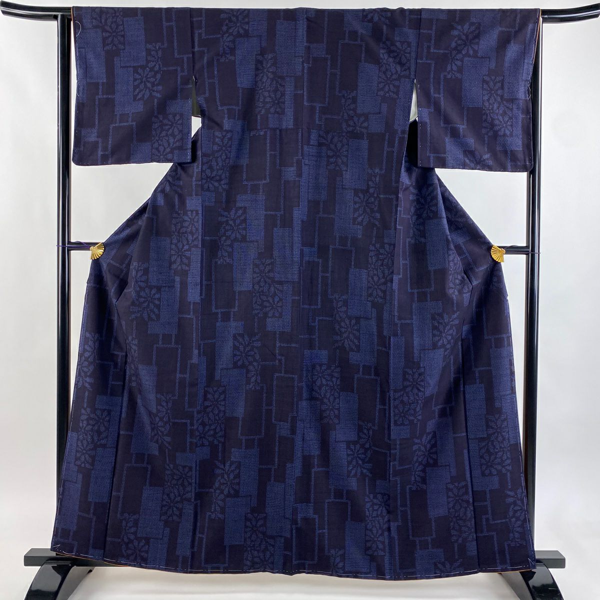 【美品】結城紬織 身長163cm 袖長64cm M 雙層 機織女 證書齊全 花 短冊 深藍 純蠶絲 逸品級