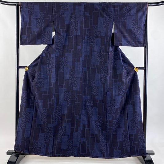 【美品】結城紬織 身長163cm 袖長64cm M 雙層 機織女 證書齊全 花 短冊 深藍 純蠶絲 逸品級