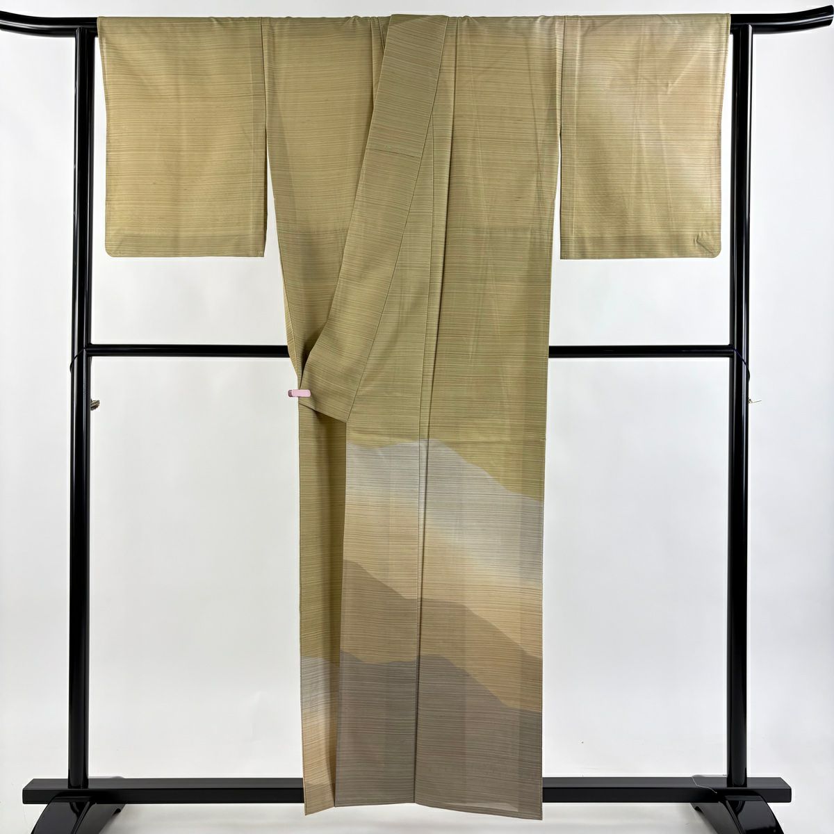 付下 身長156.5cm 袖長64cm M 薄物 牛首紬織織 落款あり 霞 縞 茶綠 純蠶絲 逸品級