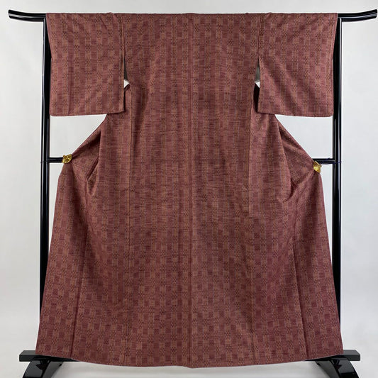 【美品】 紬織 身長162.5cm 袖長65cm M 雙層 證書齊全 縞 幾何學 花織 小豆色 純蠶絲 逸品級