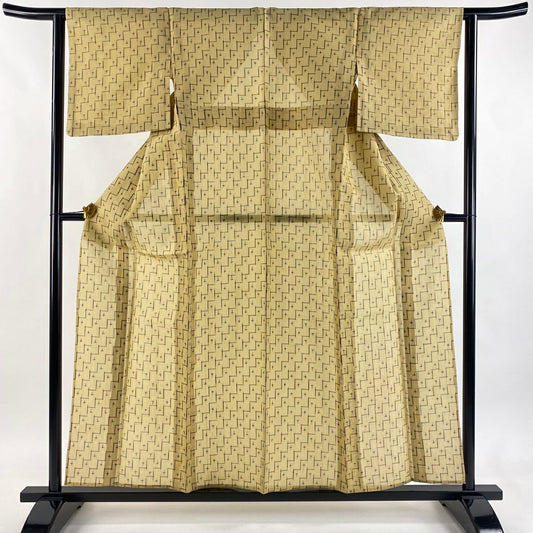 【美品】 紬織 身長158cm 袖長62cm S 薄物 純蠶絲 證書あり 十字絣 幾何學 米色 純蠶絲 逸品級