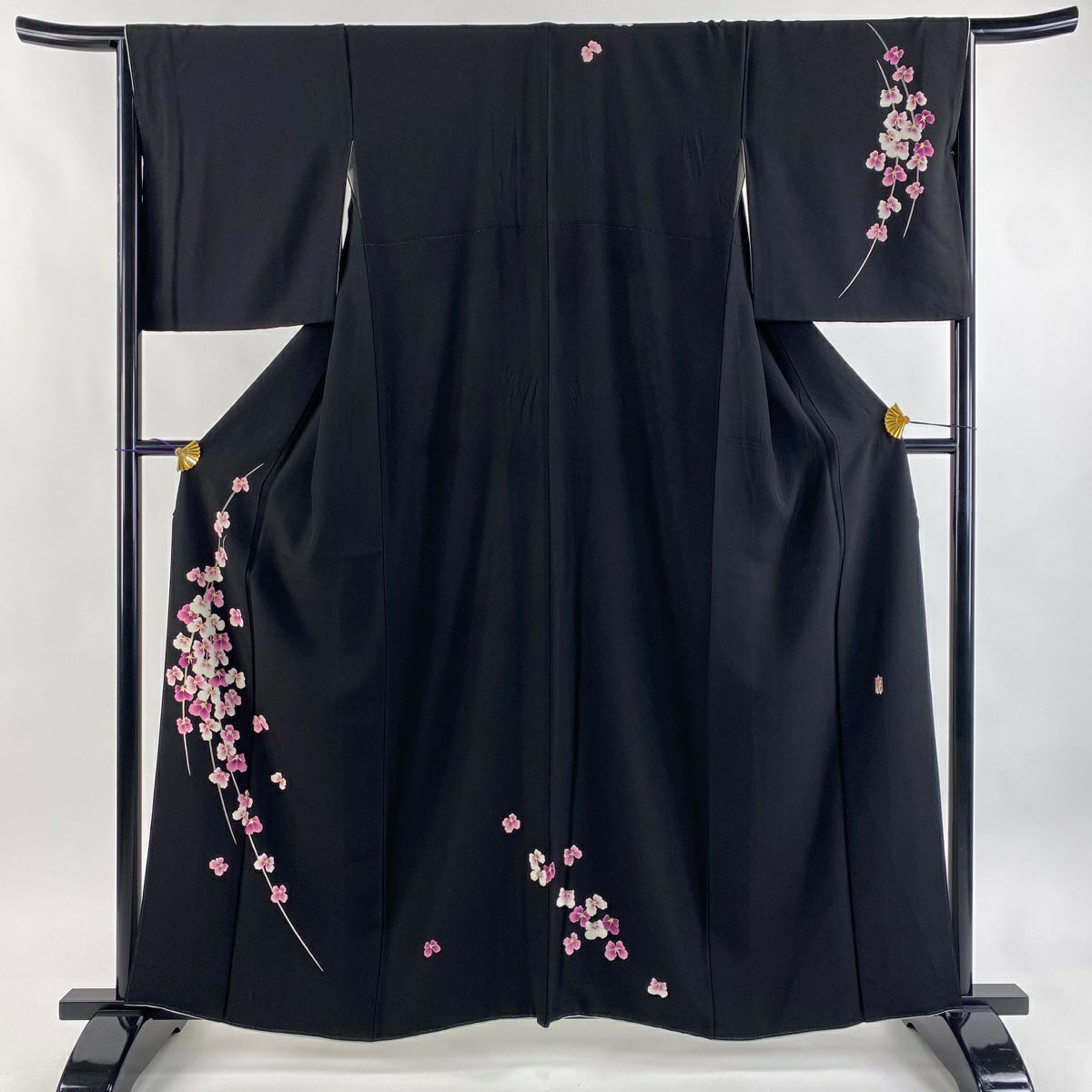 付下 身長160cm 袖長67.5cm L 雙層 鬼島武司 加賀友禪 落款 花 黑 純蠶絲 逸品級
