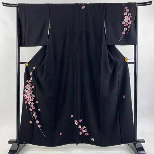 付下 身長160cm 袖長67.5cm L 雙層 鬼島武司 加賀友禪 落款 花 黑 純蠶絲 逸品級