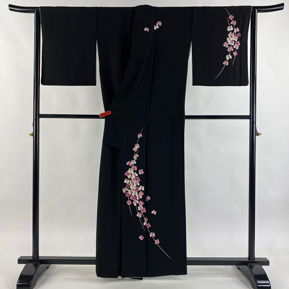 付下 身長160cm 袖長67.5cm L 雙層 鬼島武司 加賀友禪 落款 花 黑 純蠶絲 逸品級