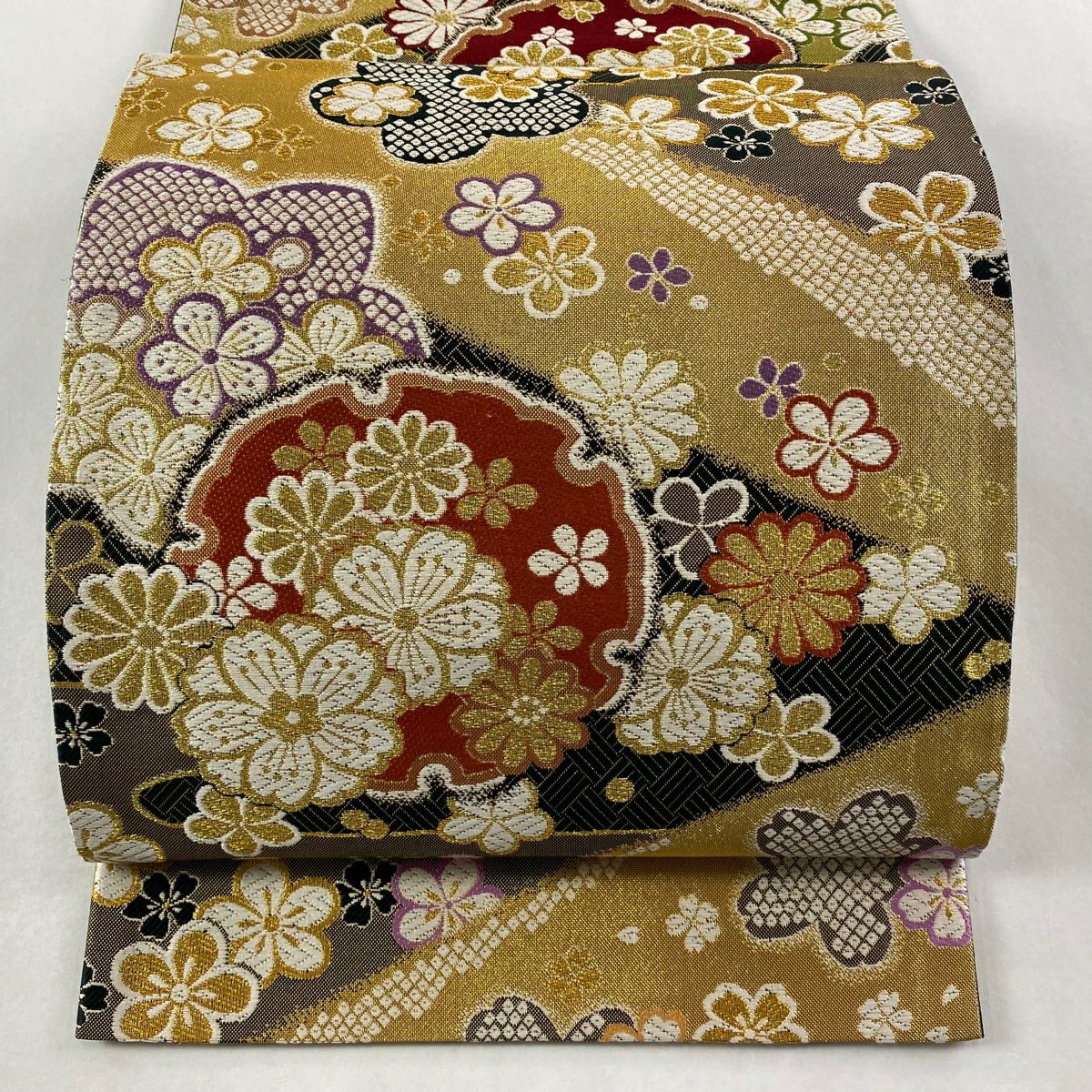 【美品】 袋帶 秀品級 雪輪 花 金絲 金金箔 金色 六通 純蠶絲