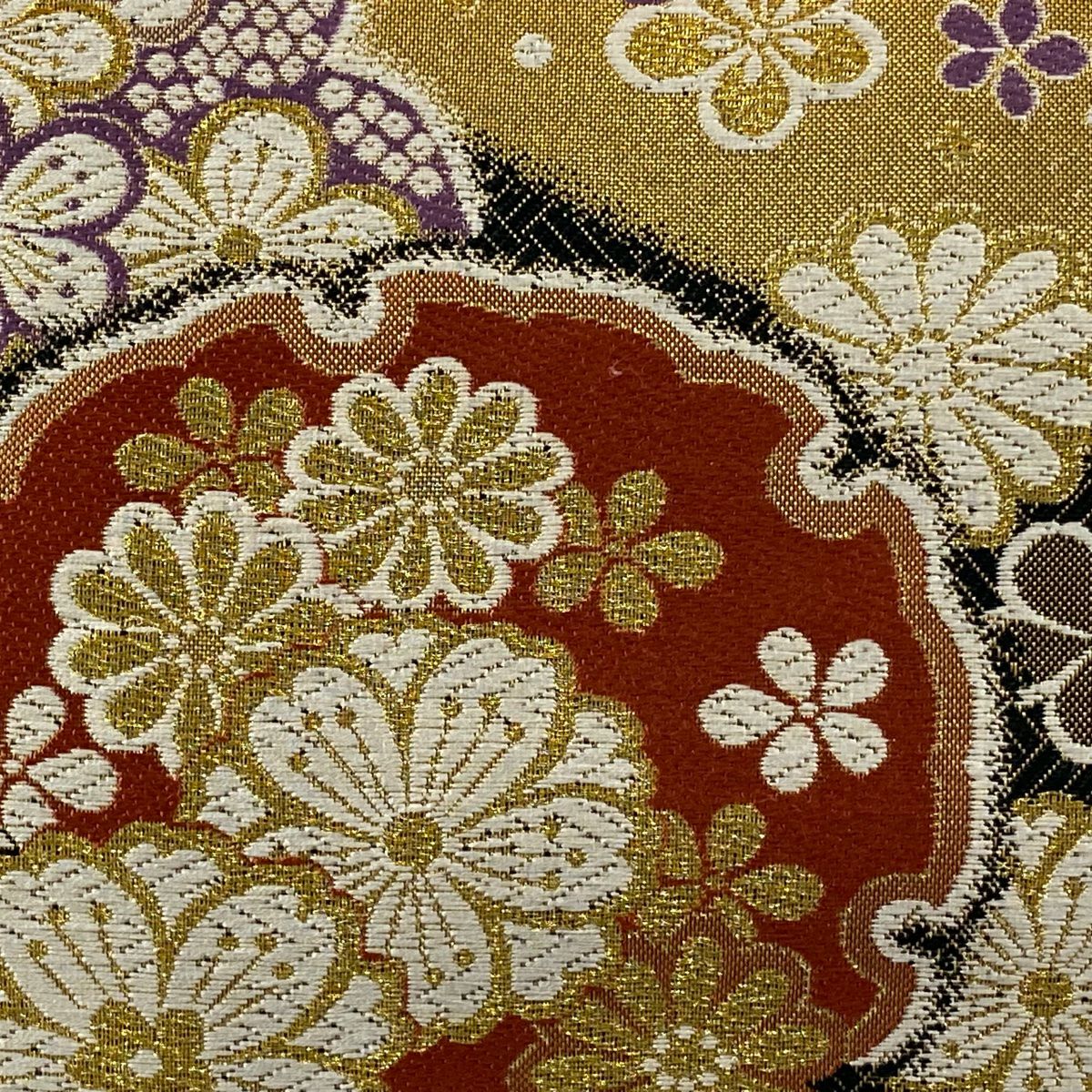 【美品】 袋帶 秀品級 雪輪 花 金絲 金金箔 金色 六通 純蠶絲