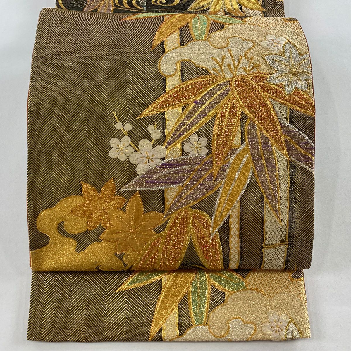 袋帶 秀品級 笹 梅花 刺繡 金絲 金 六通 純蠶絲