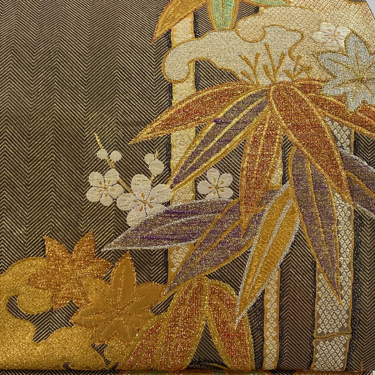 袋帶 秀品級 笹 梅花 刺繡 金絲 金 六通 純蠶絲