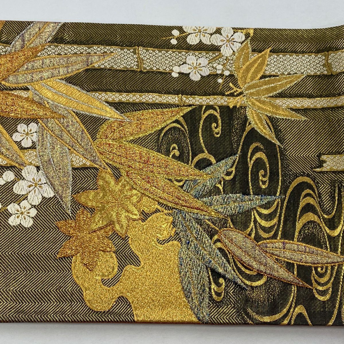 袋帶 秀品級 笹 梅花 刺繡 金絲 金 六通 純蠶絲