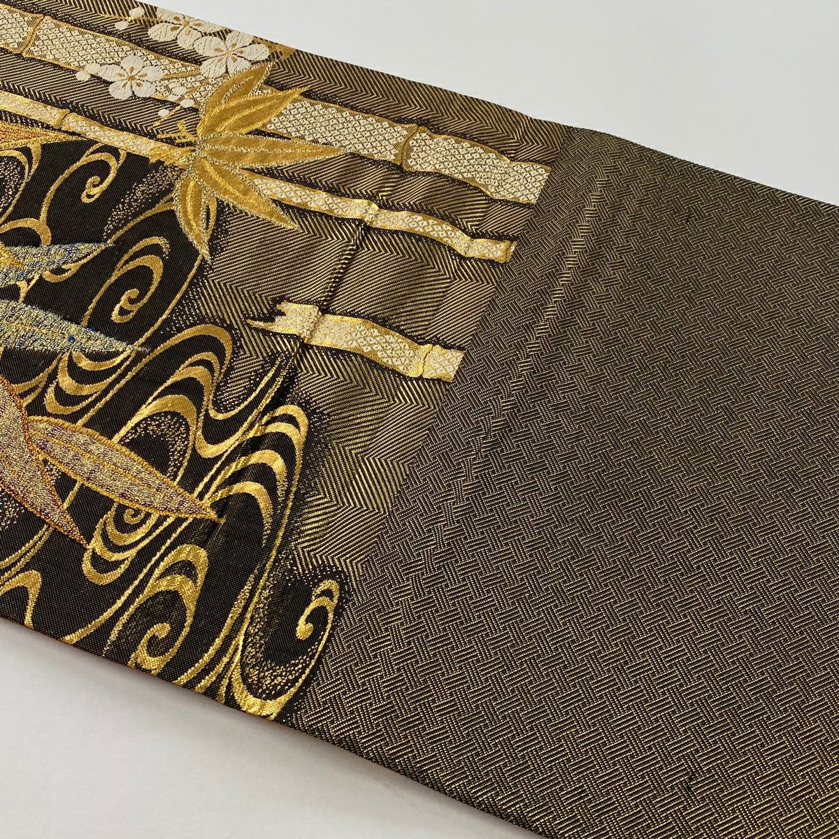袋帶 秀品級 笹 梅花 刺繡 金絲 金 六通 純蠶絲