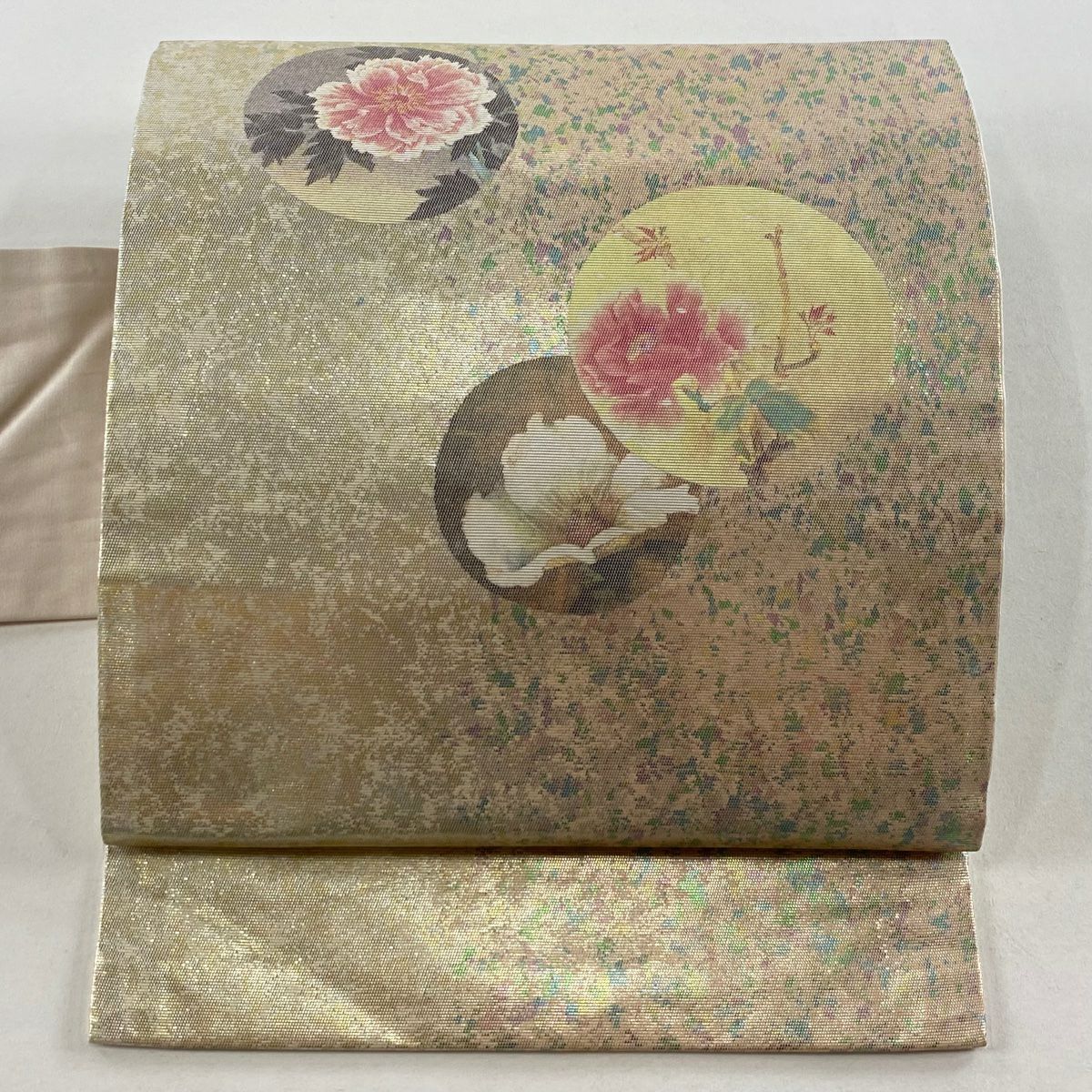 名古屋帶 秀品級 枝花 圓紋 金金箔 金銀彩 淺粉色 純蠶絲
