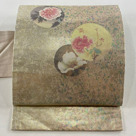 名古屋帶 秀品級 枝花 圓紋 金金箔 金銀彩 淺粉色 純蠶絲