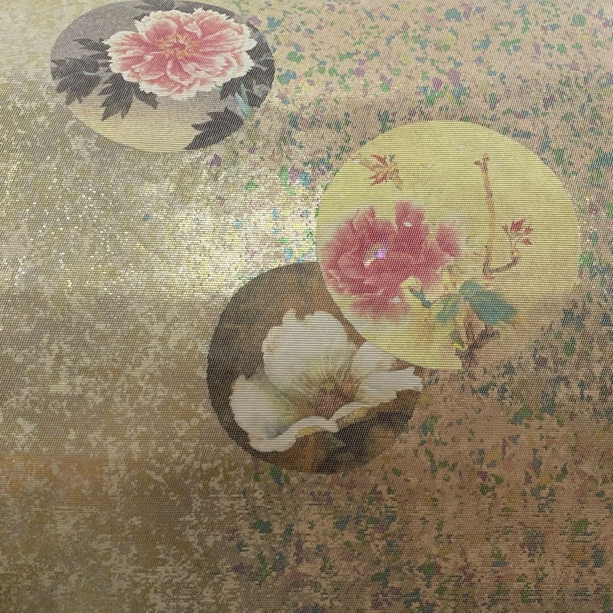 名古屋帶 秀品級 枝花 圓紋 金金箔 金銀彩 淺粉色 純蠶絲