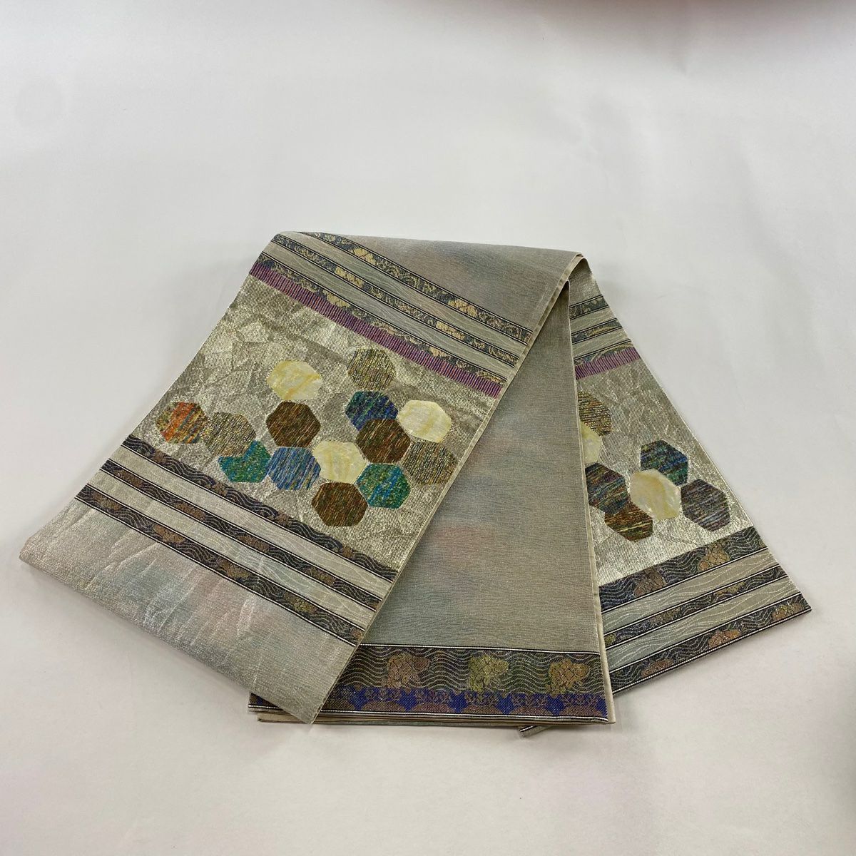 袋帶 秀品級 龜甲 荒磯 金銀絲 金銀彩 銀 お太鼓圖案 純蠶絲