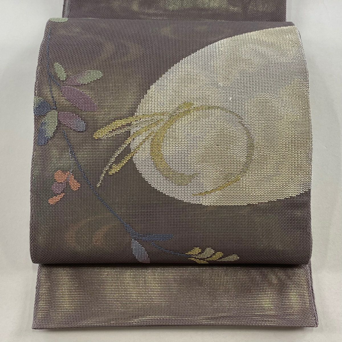 袋帶 秀品級 夏帶 紗 関西裁縫 兔子 草花紋紋 金銀彩 灰紫 お太鼓柄 純蠶絲