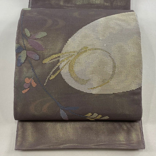 袋帶 秀品級 夏帶 紗 関西裁縫 兔子 草花紋紋 金銀彩 灰紫 お太鼓柄 純蠶絲