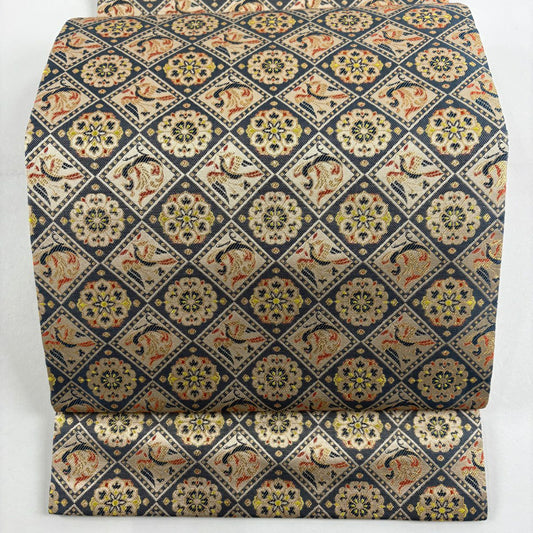【美品】 開口名古屋帶 優品級 菱形 華紋 金金箔 青灰 純蠶絲