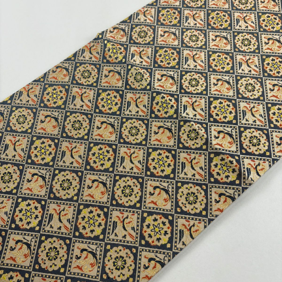 【美品】 開口名古屋帶 優品級 菱形 華紋 金金箔 青灰 純蠶絲