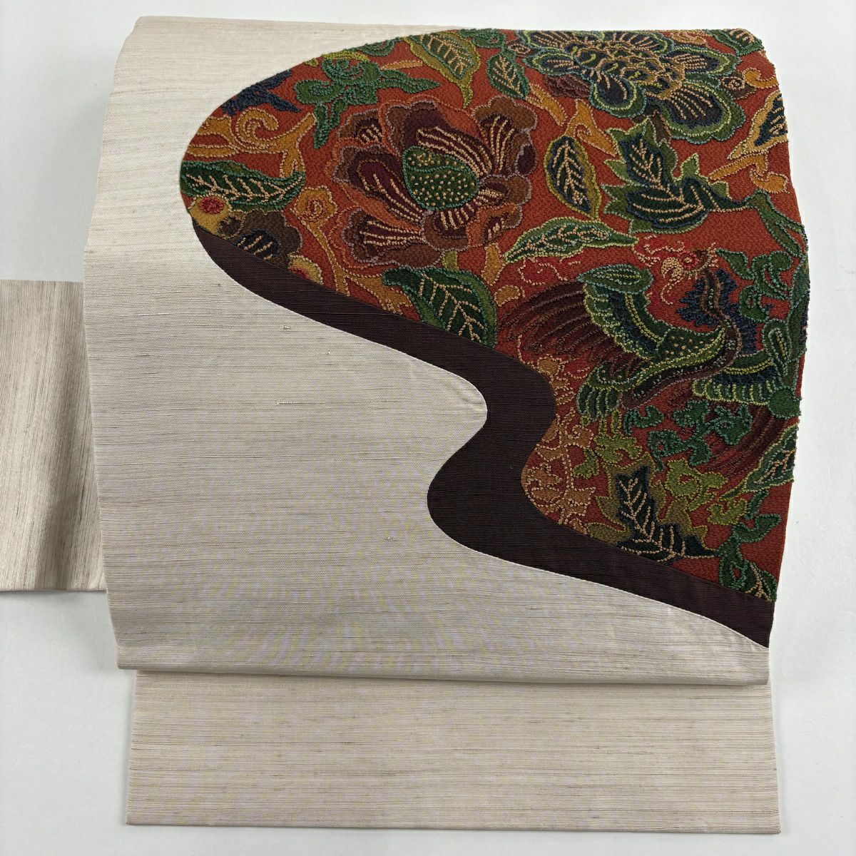 名古屋帶 秀品級 草花紋刺繡 米色 純蠶絲