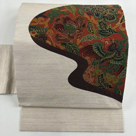 名古屋帶 秀品級 草花紋刺繡 米色 純蠶絲