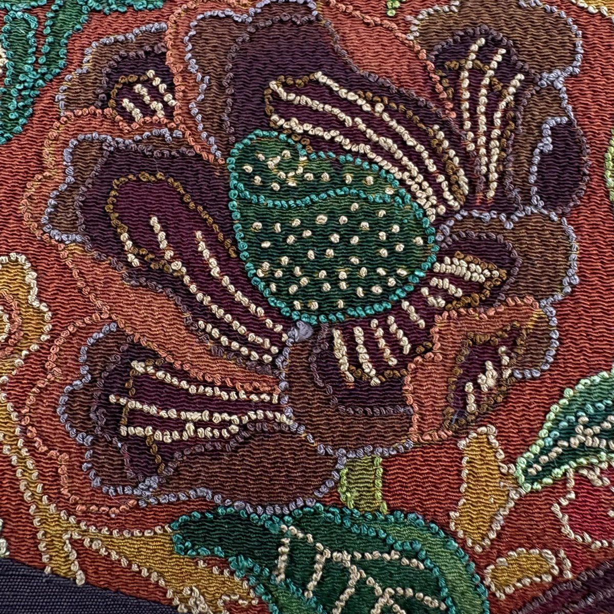 名古屋帶 秀品級 草花紋刺繡 米色 純蠶絲