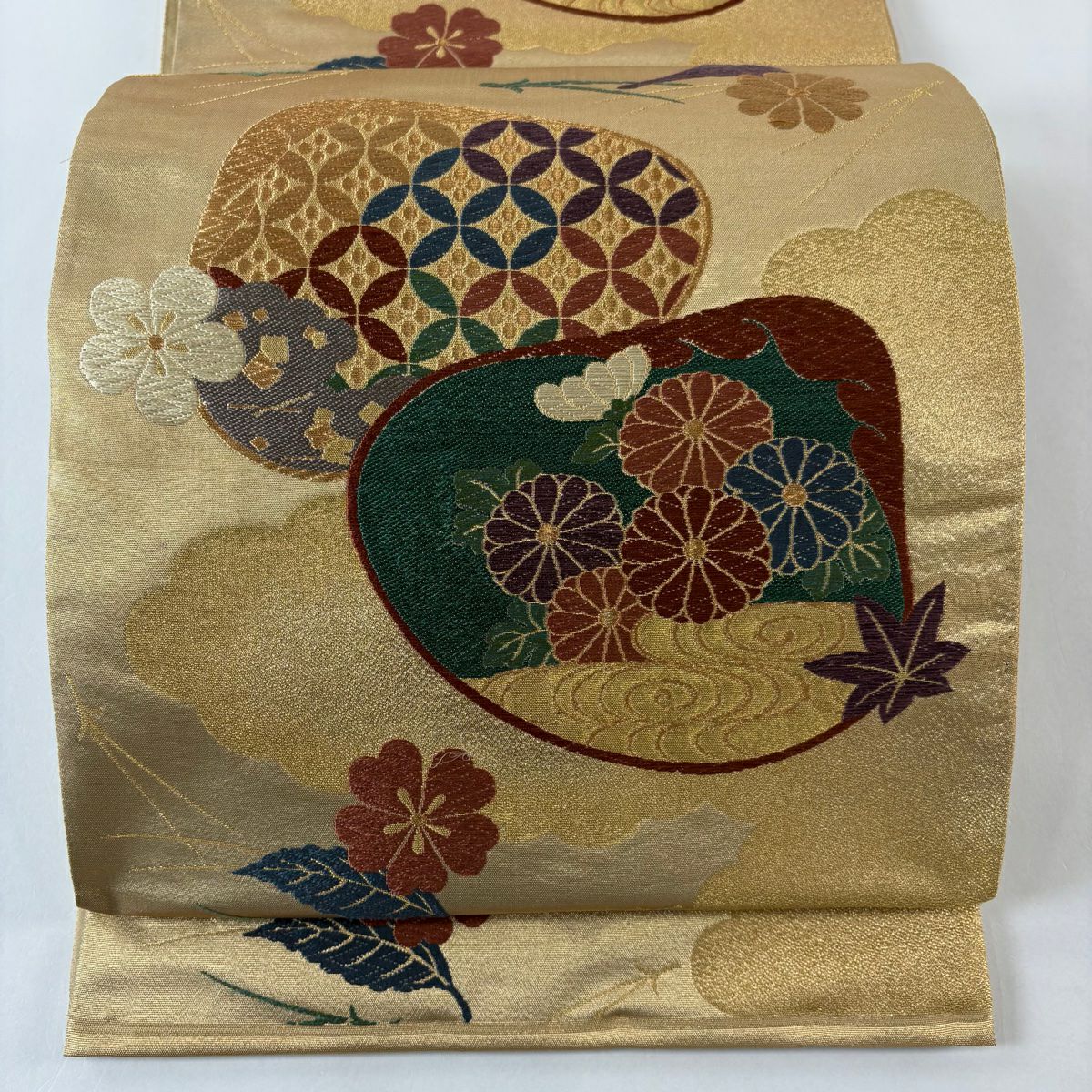 袋帶 秀品級 貝合草花紋 金絲 金金箔 金 六通 純蠶絲